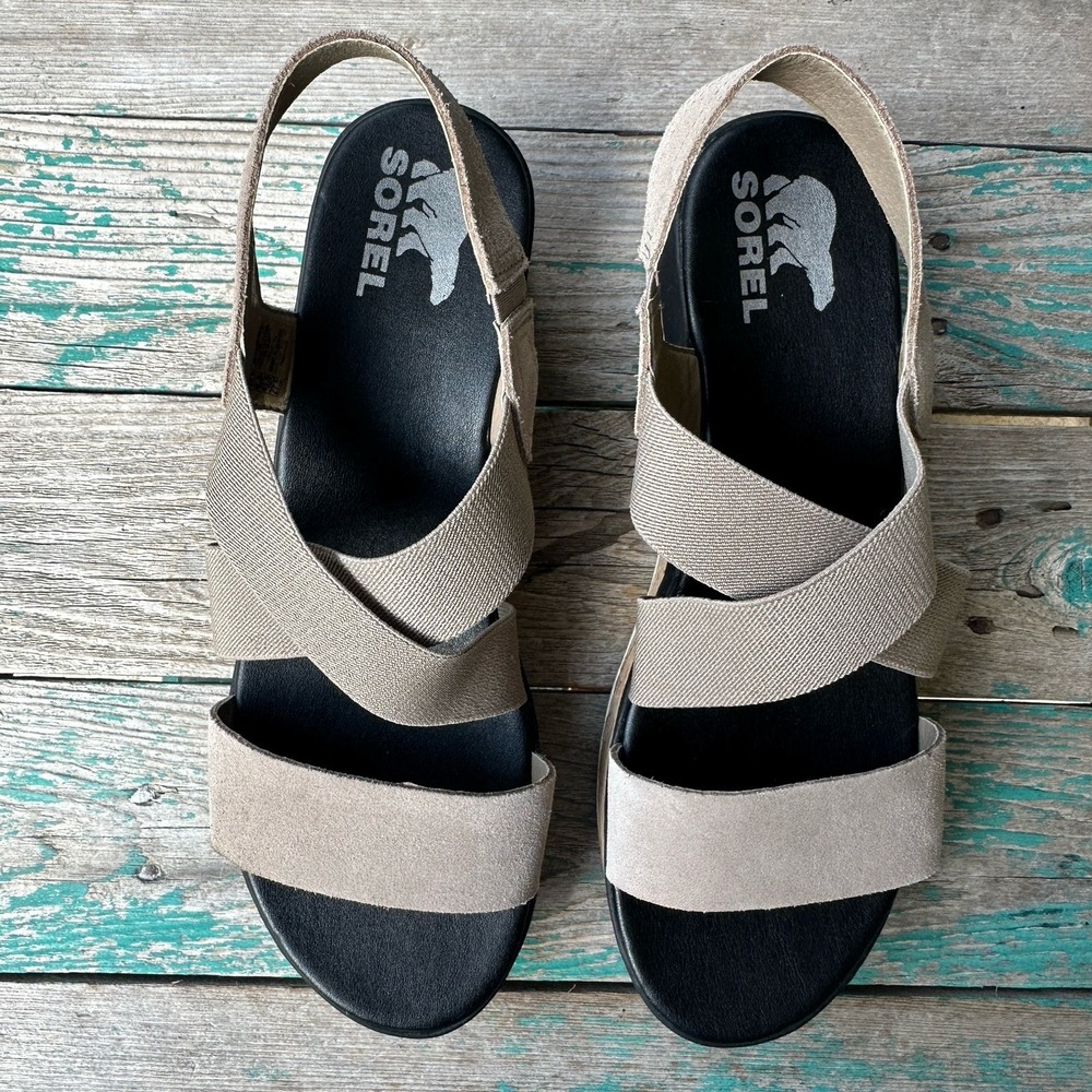 Sorel Cameron Flatform Sling Back Sandal Women's 10.5M US Omega Taupe Sea Salt‎